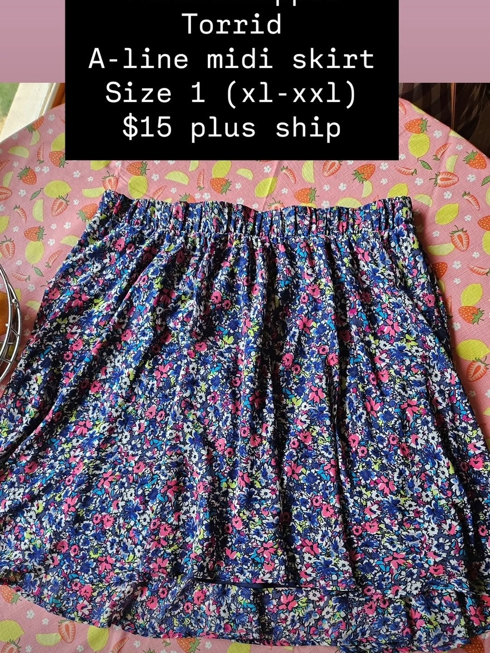 torrid Navy Floral A-Line Midi Skirt with Pink & Green Accents
